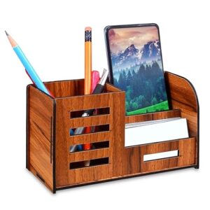 Trioostar Pen Stand with Mobile & Visiting Card Holder | Multipurpose Desk Organizer for Office & Home | Pen Pencil Stand with Business Card Holder Brown, 8X17.5X10 Cm