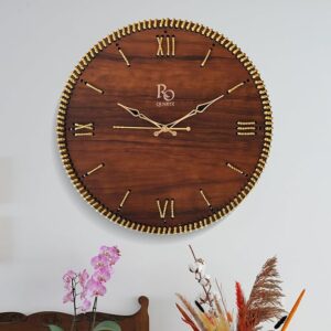 Wooden Round Shape Roman Dial Analog Clock with Golden Hand and Golden Zari Rope Detailing | Stylish Silent Quartz Movement Anti Reflection Wall Clock for Home & Office (Brown, 15.5 inch)