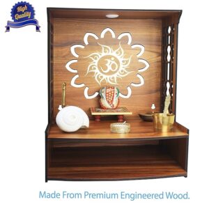 Heartily® Mangal Beautiful Wooden Pooja Stand for Home, Temple, Office, Wall Mounted Puja Mandir with LED Spot Light, Size (H- 15.5, L- 11.5, W-11 Inch)