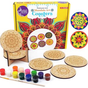 Asian Hobby Crafts DIY Coaster Painting Kit - 6 Pre-Marked Coasters, Paint and Brush Set | Mandala Art and Craft Kit for Kids & Adults (4-12 Years) Painting and Coloring Kit for Birthday Return Gift