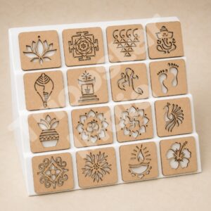 16 PCS MDF Wooden Rangoli Stencil Set | Om, Ganesh, Lotus, Peacock, Diya & Sacred Designs | Reusable Kolam Stencils for Floor Decoration, Pooja Room, Mandir & Diwali Home Décor