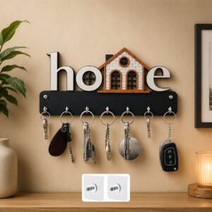 HOME Wall Mounted Key Holder with 7 Hooks | Elegant House Design MDF Wooden Key Hanger for Home Entrance & Living Room Decor